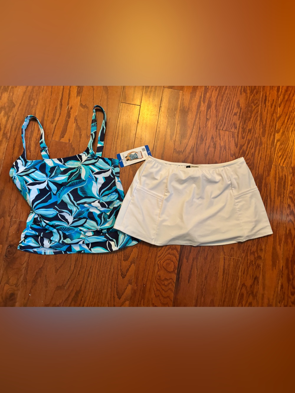 Ellen Tracy Blue & White Tropical Print Tankini with Swim Skirt